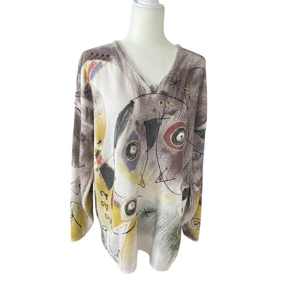 Vintage Kolorway Cotton Hand Painted Sweater Neutral Women's Size 2 Art To Wear - Picture 4 of 13